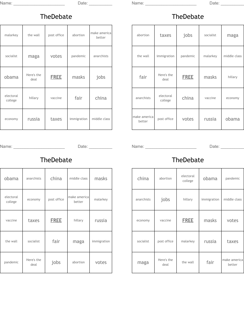 TheDebate Bingo Cards