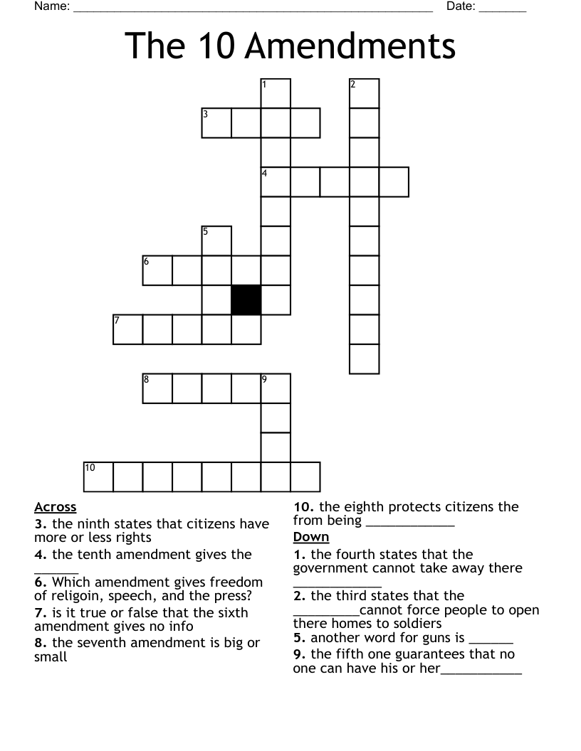 The 10 Amendments Crossword