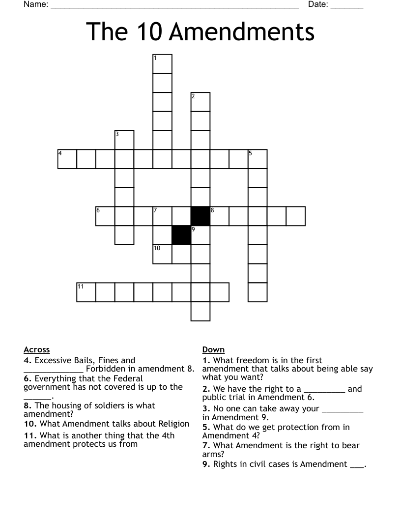 The 10 Amendments Crossword