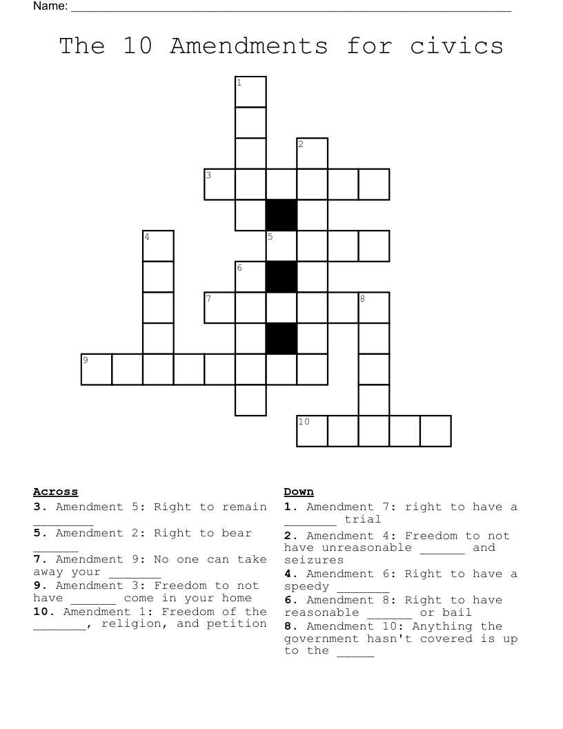 The 10 Amendments for civics Crossword
