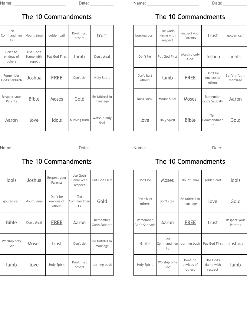 The 10 Commandments Bingo Cards