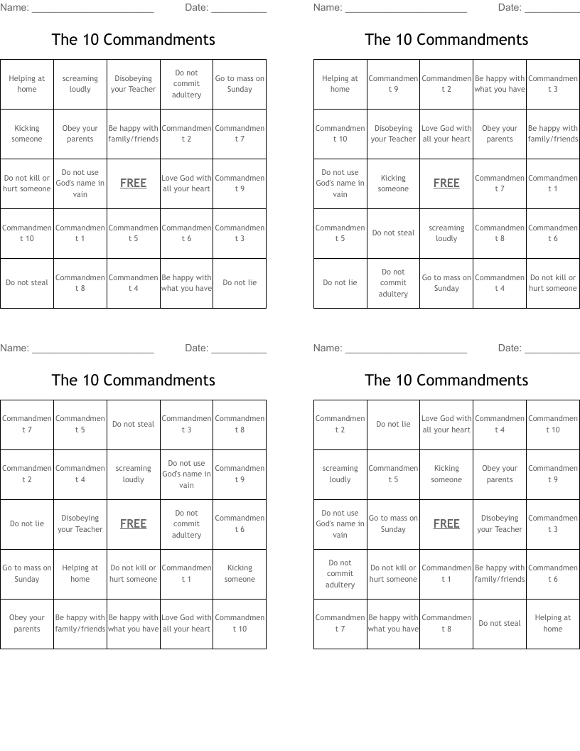 The 10 Commandments Bingo Cards