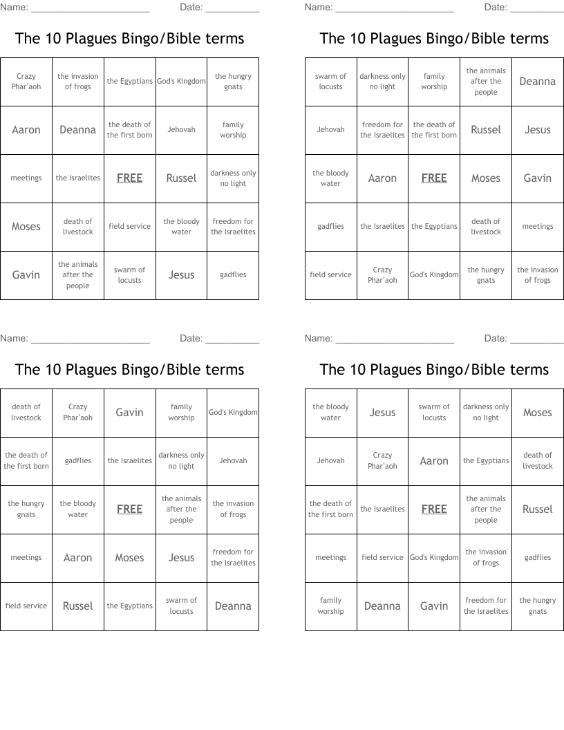 The 10 Plagues Bingo/Bible terms