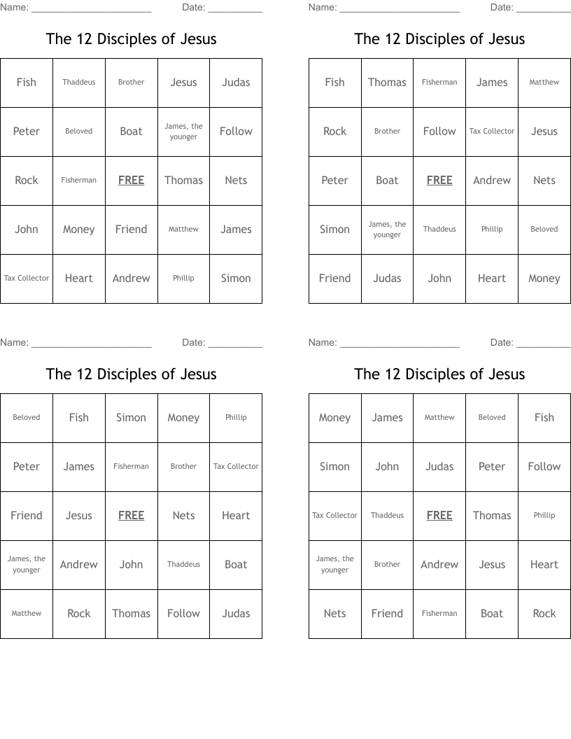 The 12 Disciples of Jesus Bingo Cards