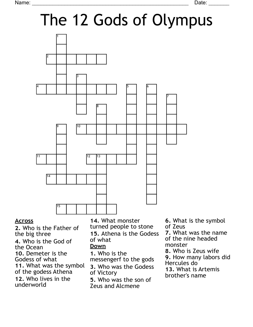 The 12 Gods of Olympus  Crossword