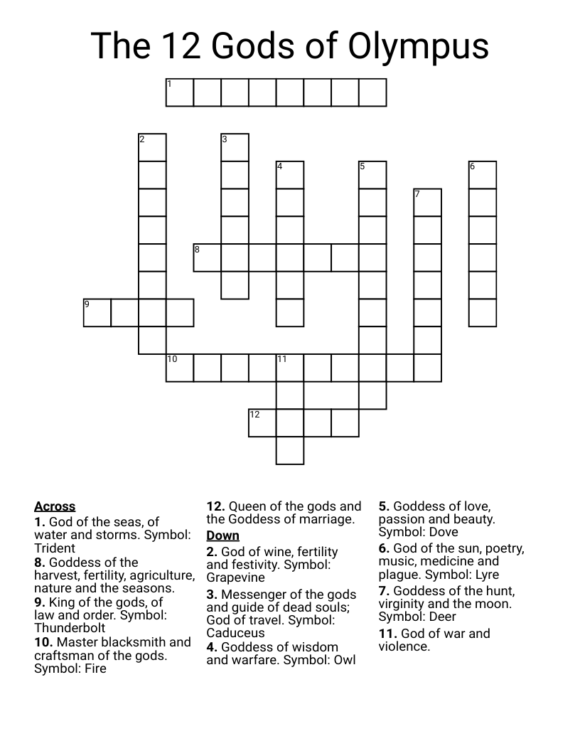 The 12 Gods of Olympus  Crossword