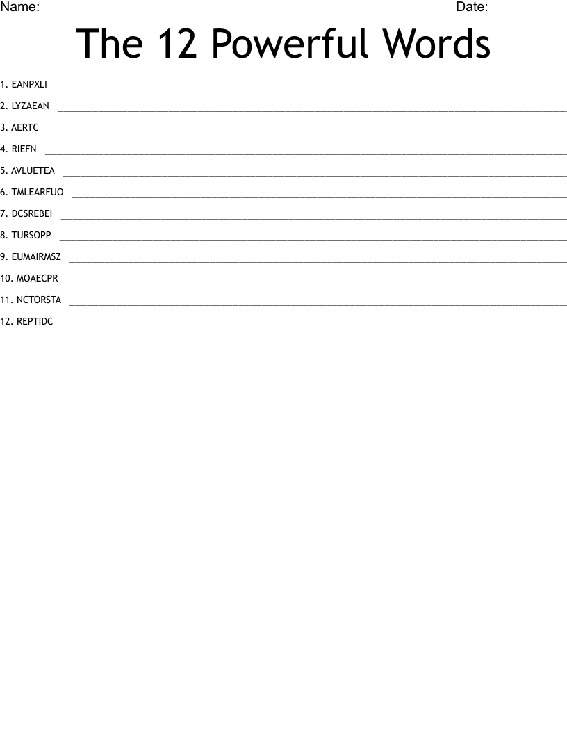 The 12 Powerful Words Word Scramble