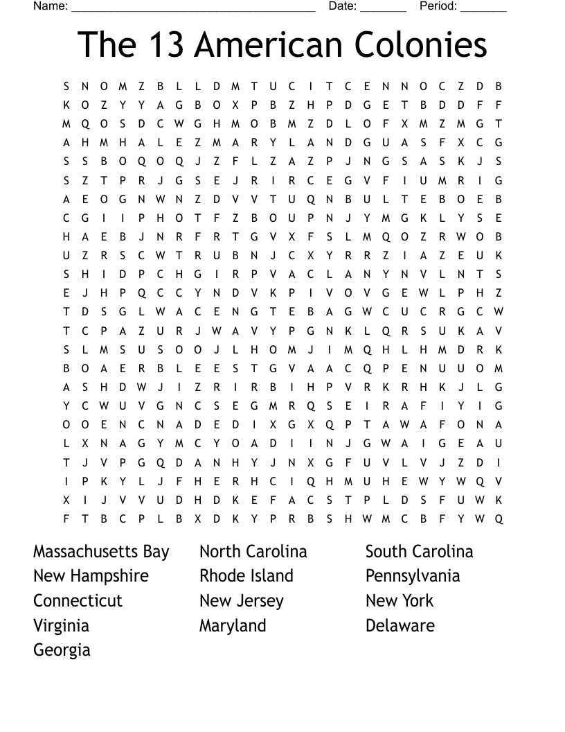 The 13 American Colonies Word Search