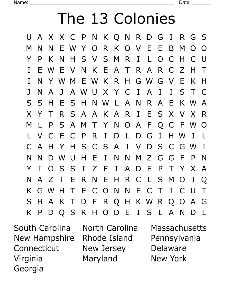 The 13 Colonies Word Search