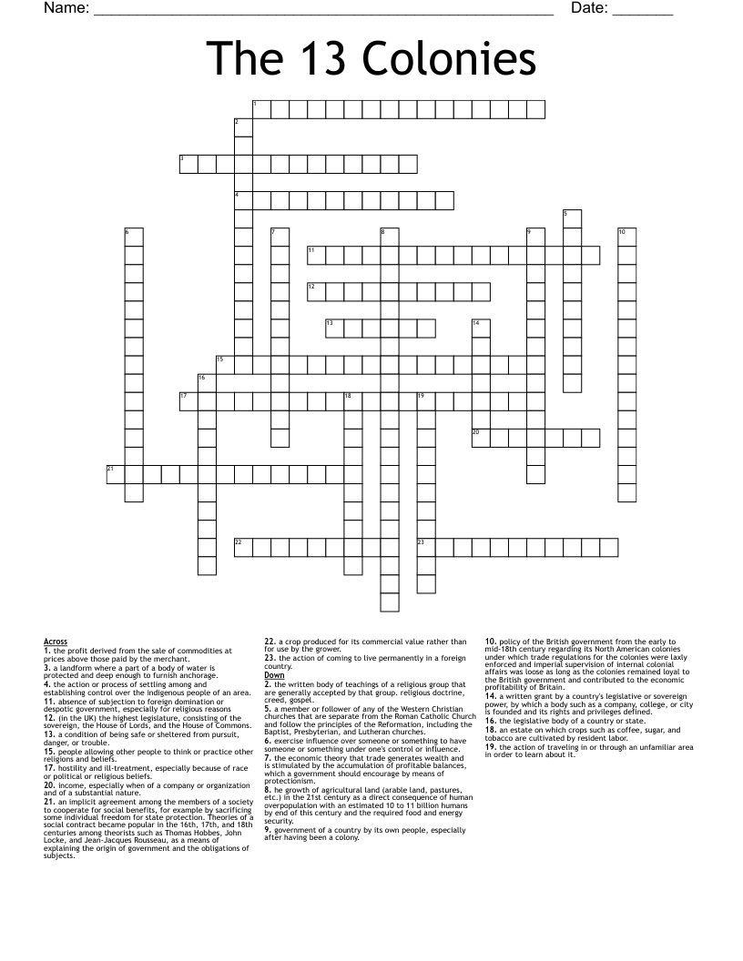 The 13 Colonies Crossword