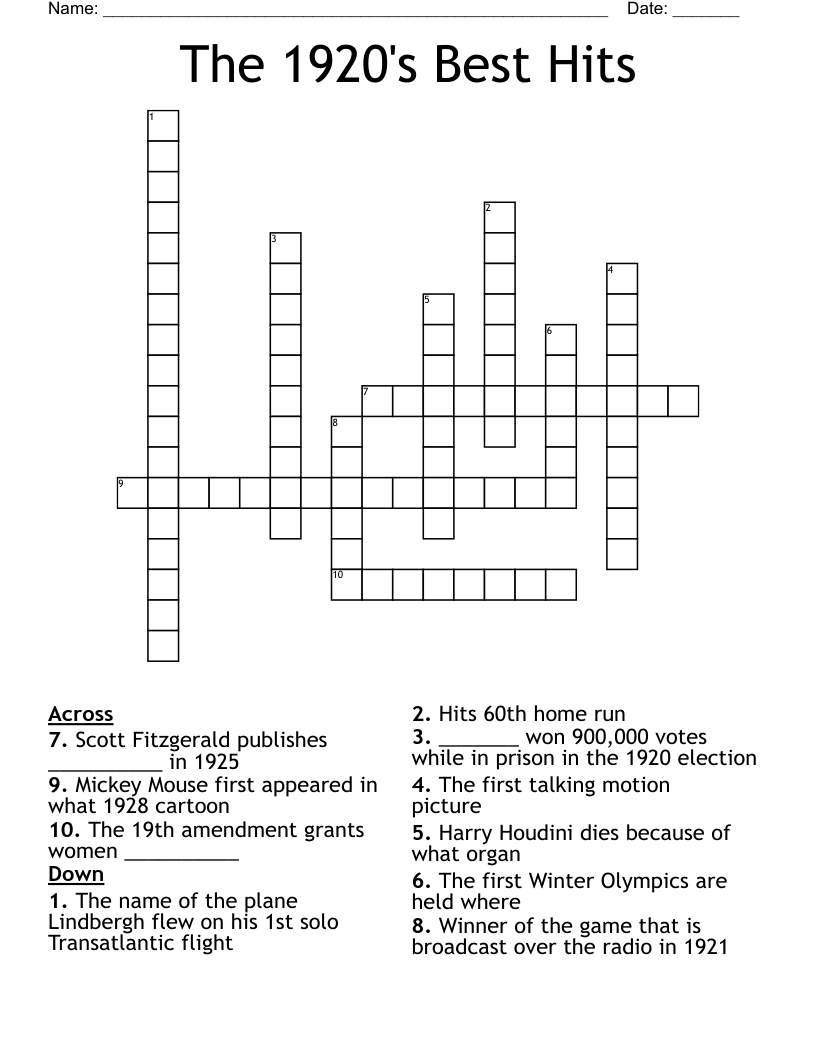 The 1920's Best Hits Crossword
