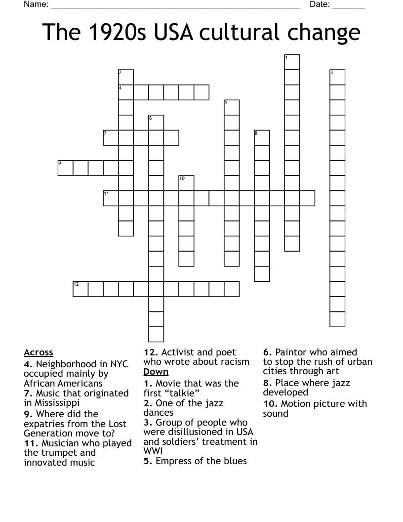 The 1920s USA cultural change Crossword