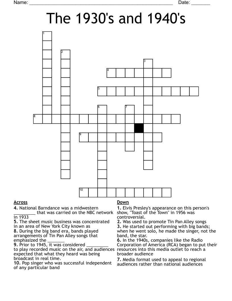The 1930's and 1940's Crossword