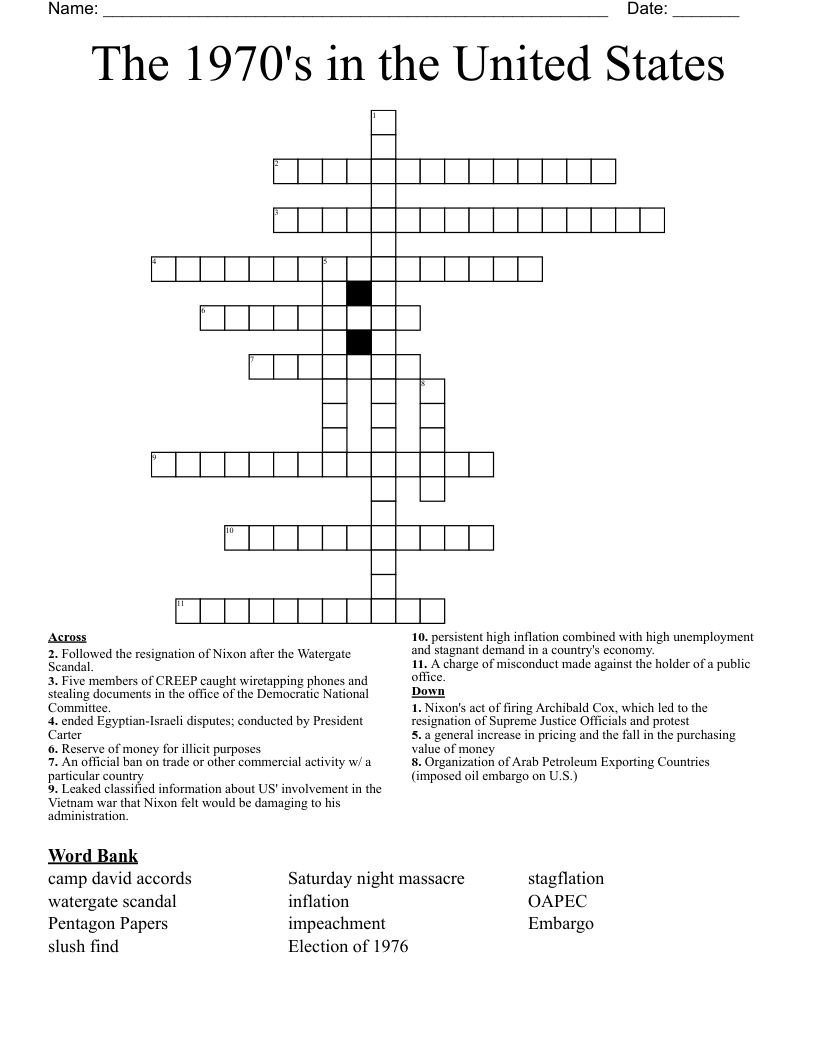The 1970's in the United States  Crossword