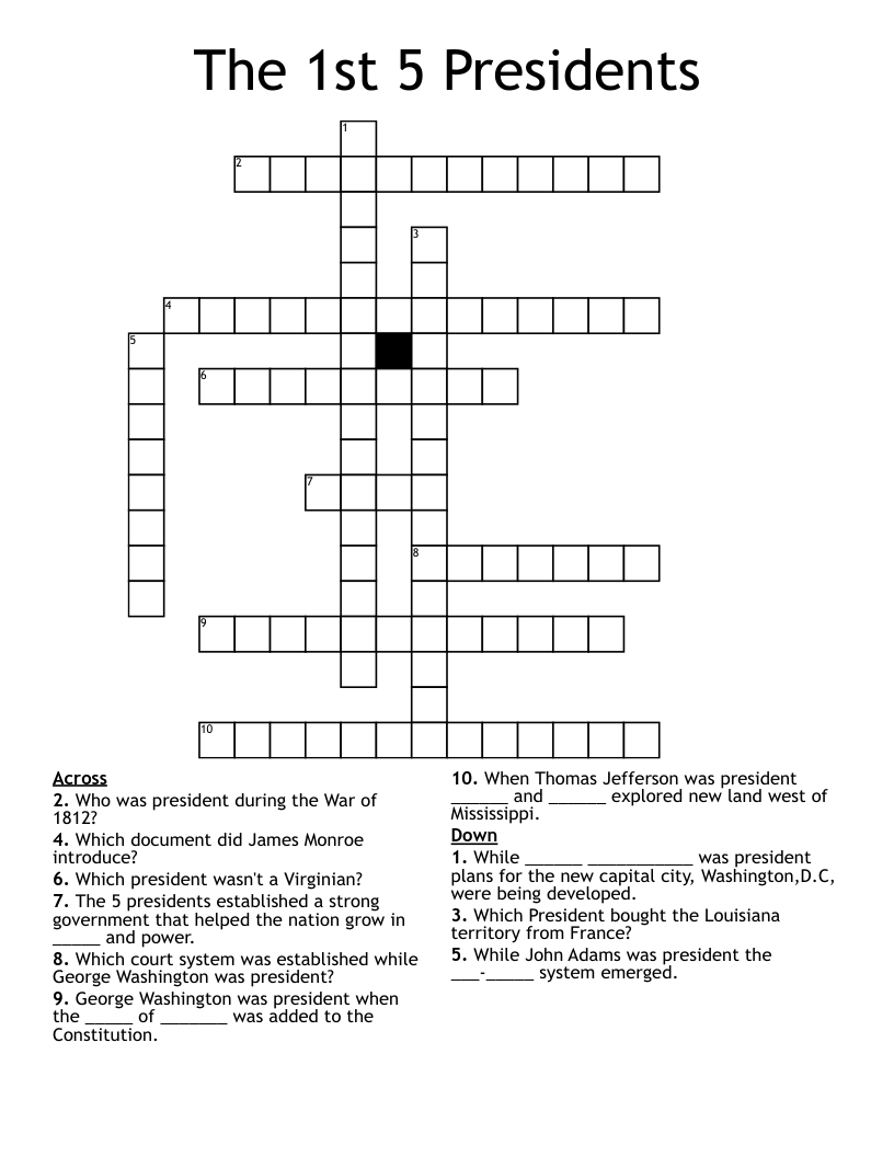 The 1st 5 Presidents Crossword
