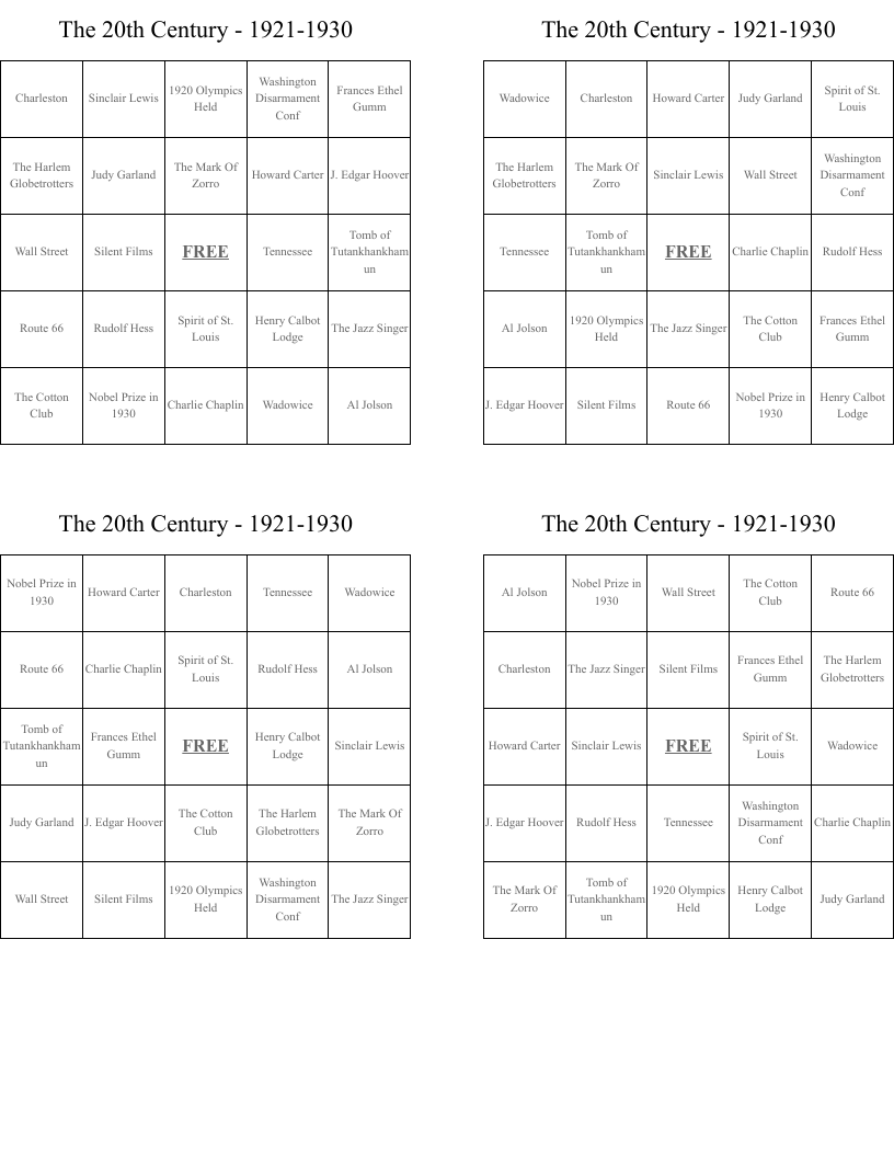 The 20th Century - 1921-1930 Bingo Cards