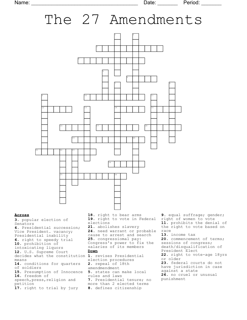The 27 Amendments Crossword