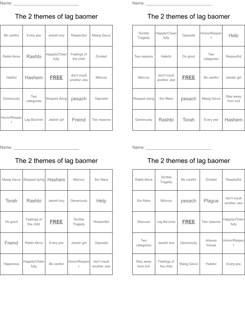 The 2 themes of lag baomer Bingo Cards