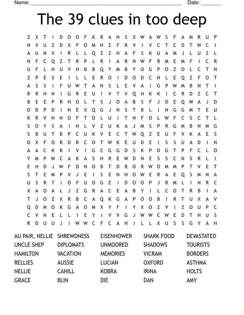 The 39 clues in too deep  Word Search