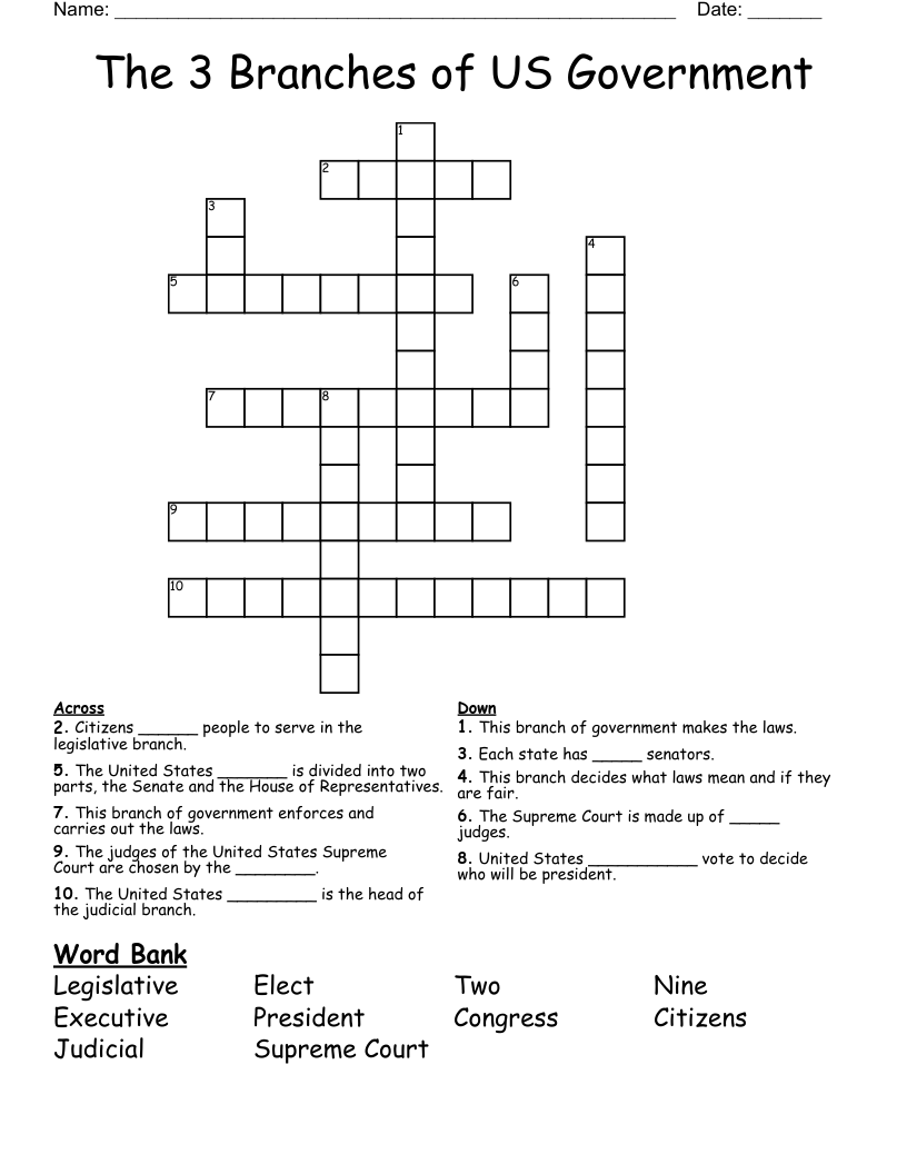 The 3 Branches of US Government Crossword