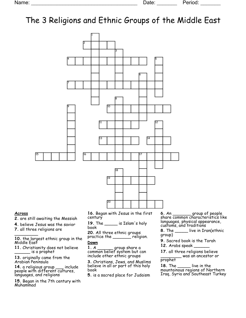The 3 Religions and Ethnic Groups of the Middle East Crossword