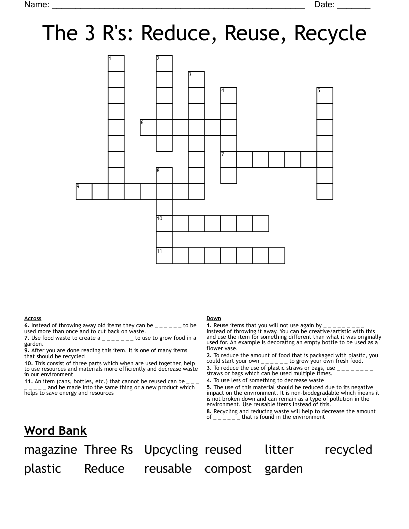 The 3 R's: Reduce, Reuse, Recycle Crossword