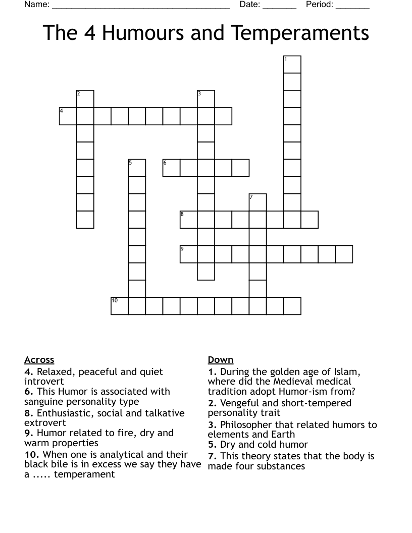The 4 Humours and Temperaments Crossword