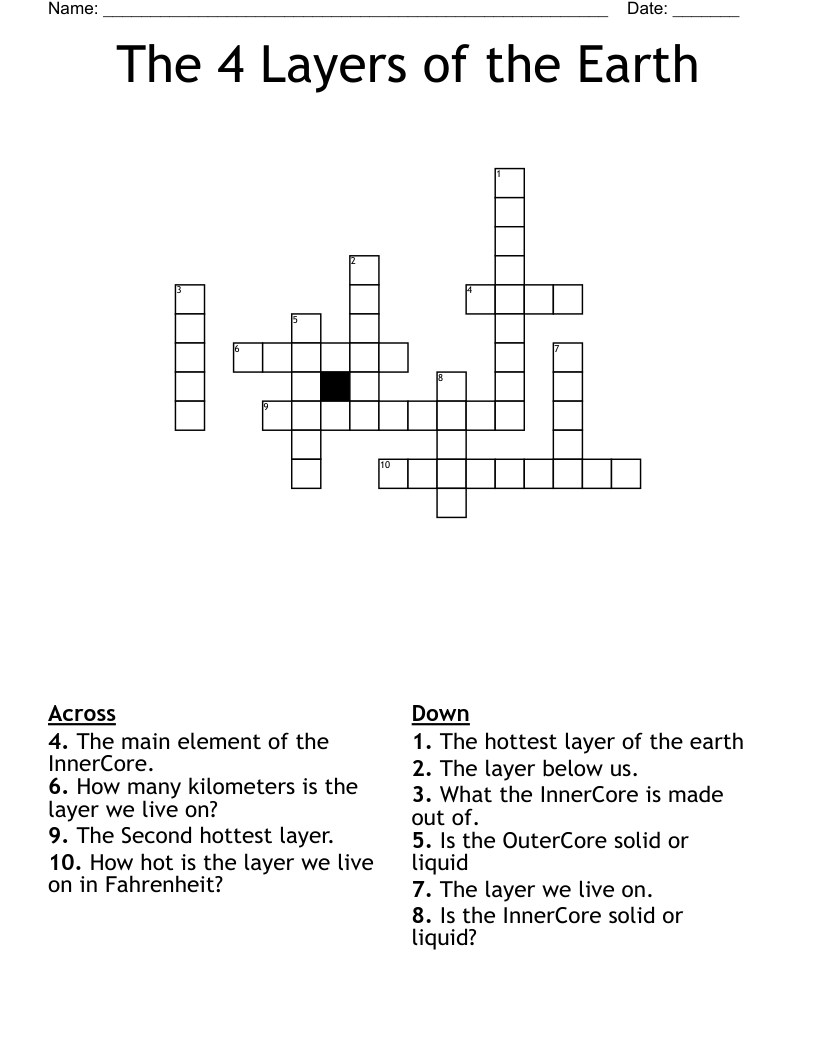 The 4 Layers of the Earth Crossword