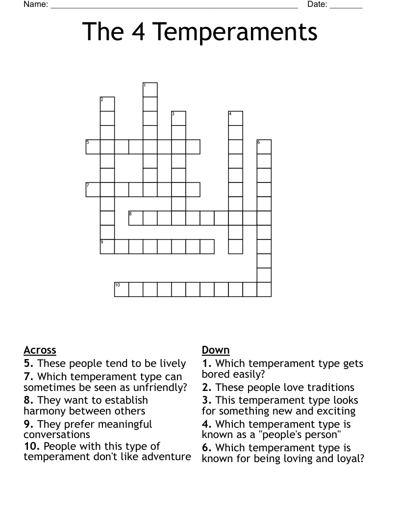 The 4 Temperaments  Crossword