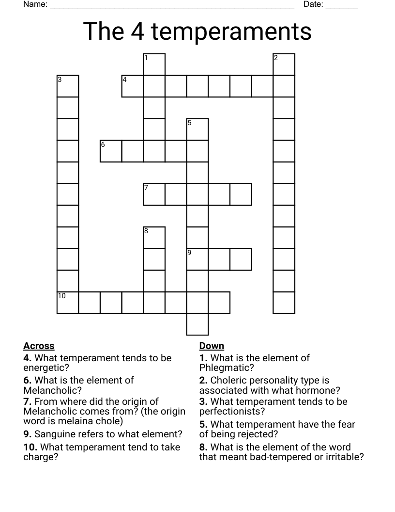 The 4 temperaments  Crossword
