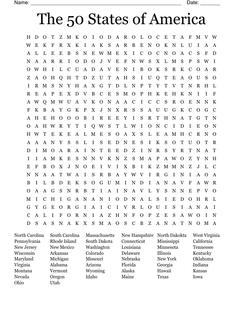 The 50 States of America Word Search