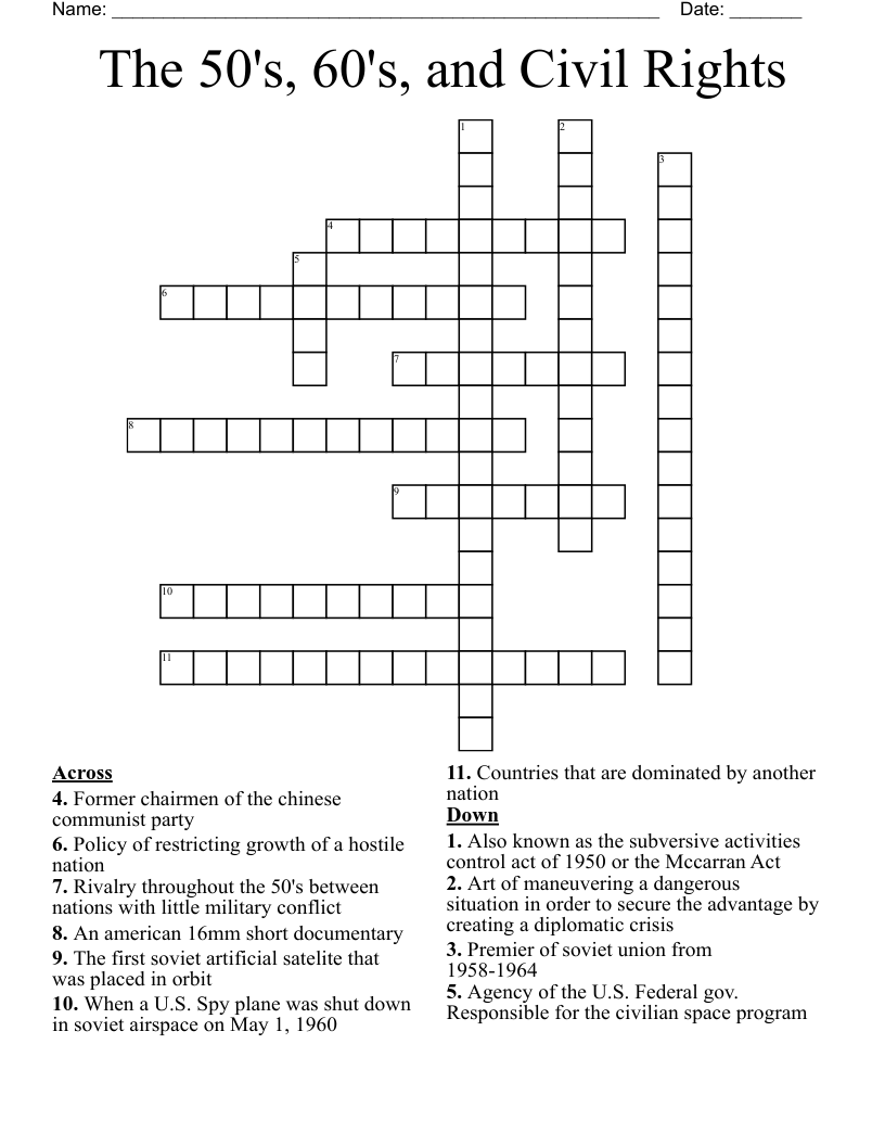 The 50's, 60's, and Civil Rights  Crossword