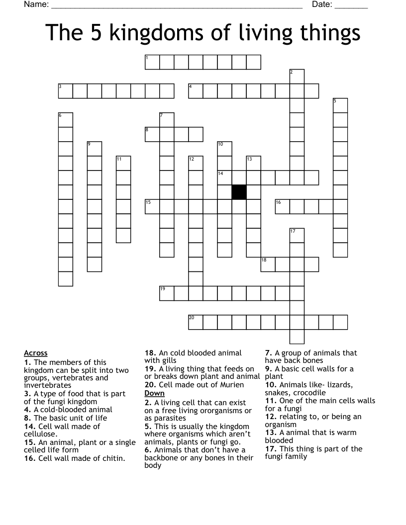 The 5 kingdoms of living things  Crossword