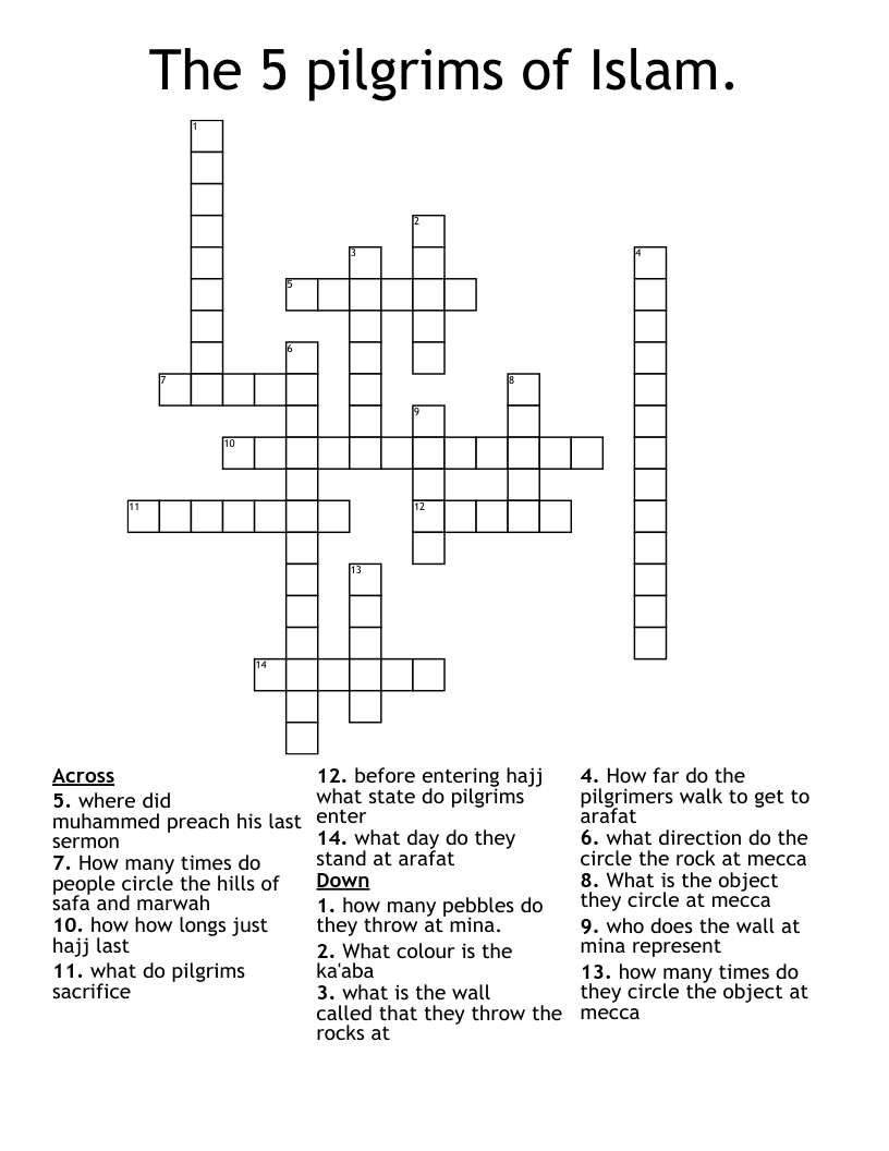 The 5 pilgrims of Islam. Crossword