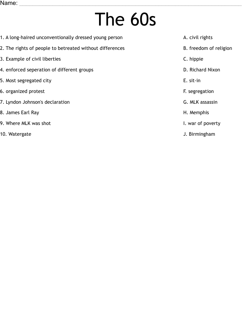 The 60s Worksheet