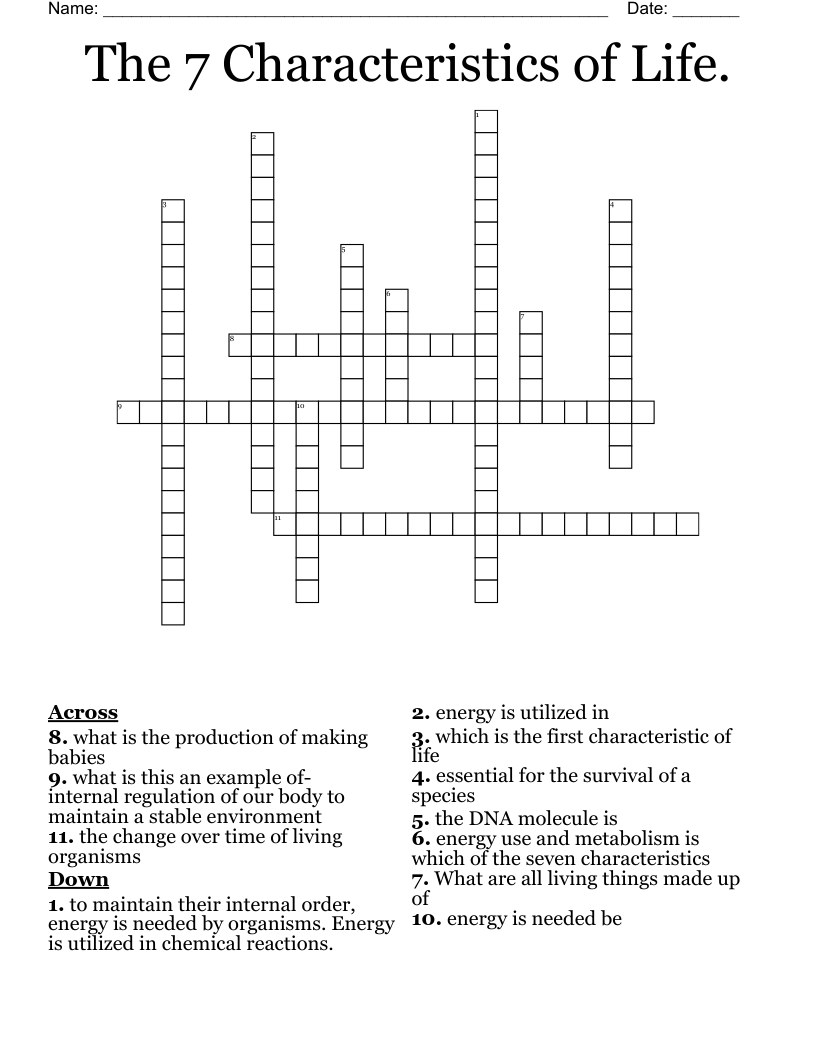 The 7 Characteristics of Life. Crossword