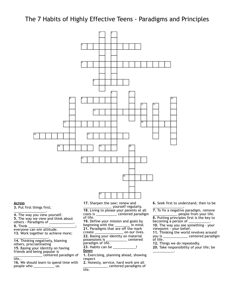The 7 Habits of Highly Effective Teens - Paradigms and Principles  Crossword