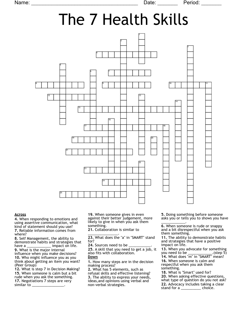 The 7 Health Skills Crossword