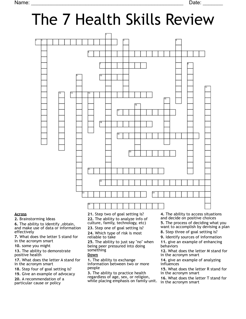 The 7 Health Skills Review Crossword