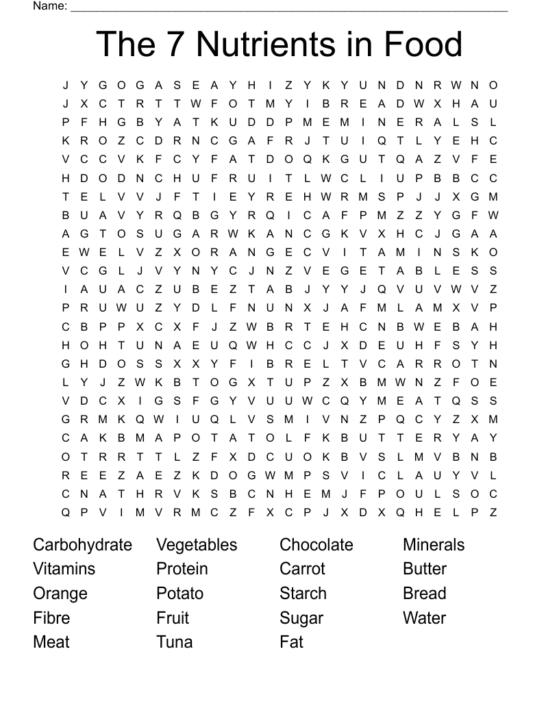 The 7 Nutrients in Food Word Search