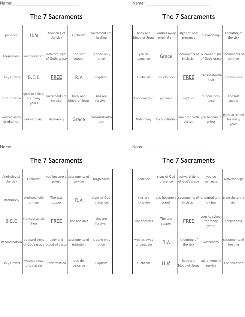 The 7 Sacraments Bingo Cards