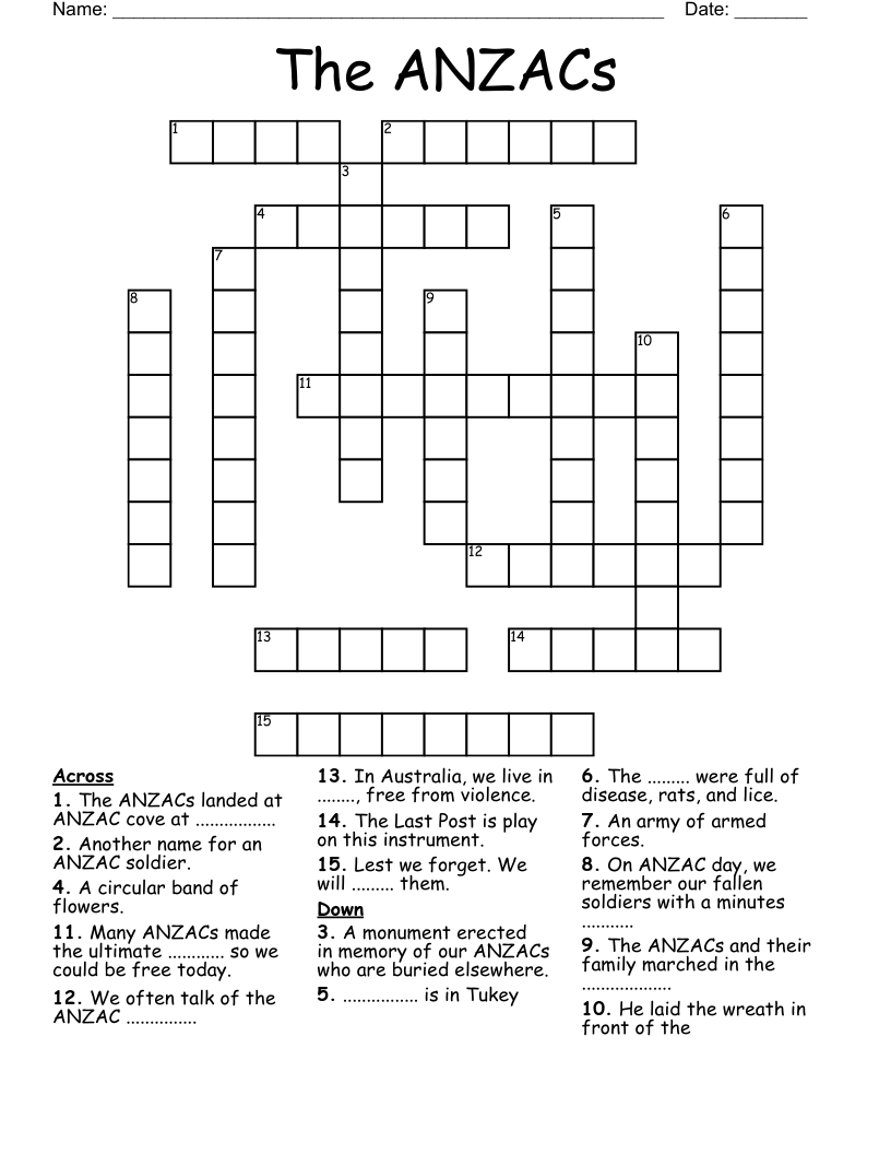 The ANZACs Crossword