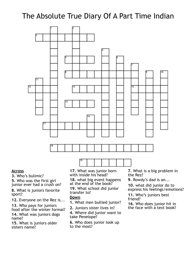 The Absolute True Diary Of A Part Time Indian  Crossword