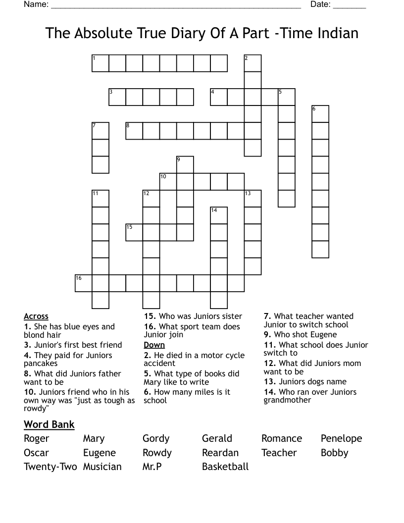 The Absolute True Diary Of A Part -Time  Indian Crossword