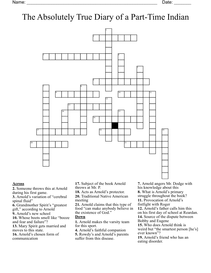 The Absolutely True Diary of a Part-Time Indian Crossword