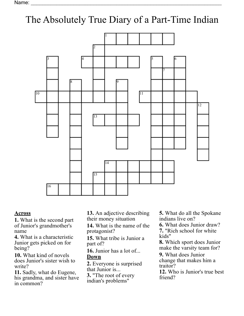 The Absolutely True Diary of a Part-Time Indian Crossword