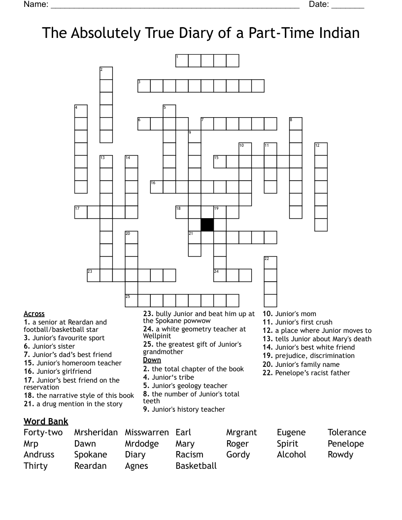The Absolutely True Diary of a Part-Time Indian Crossword
