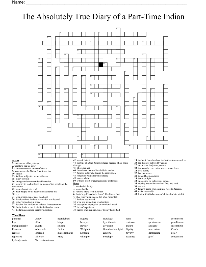 The Absolutely True Diary of a Part-Time Indian Crossword