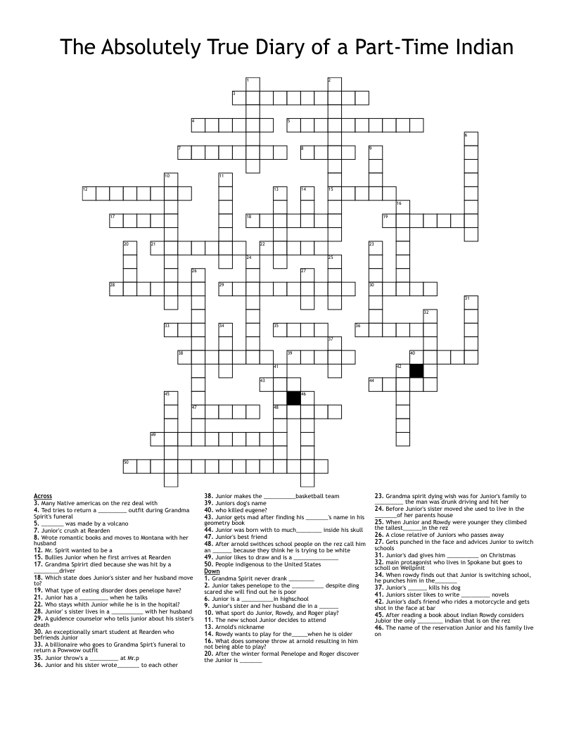 The Absolutely True Diary of a Part-Time Indian Crossword