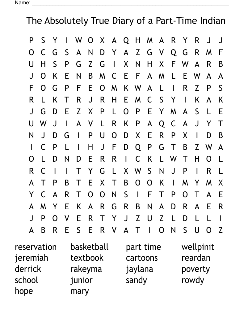 The Absolutely True Diary of a Part-Time Indian Word Search